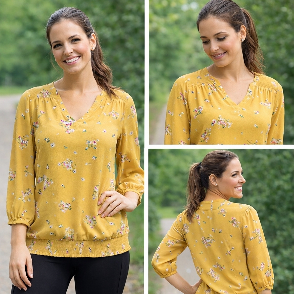 Black Rainn Mustard Floral V-Neck Blouse